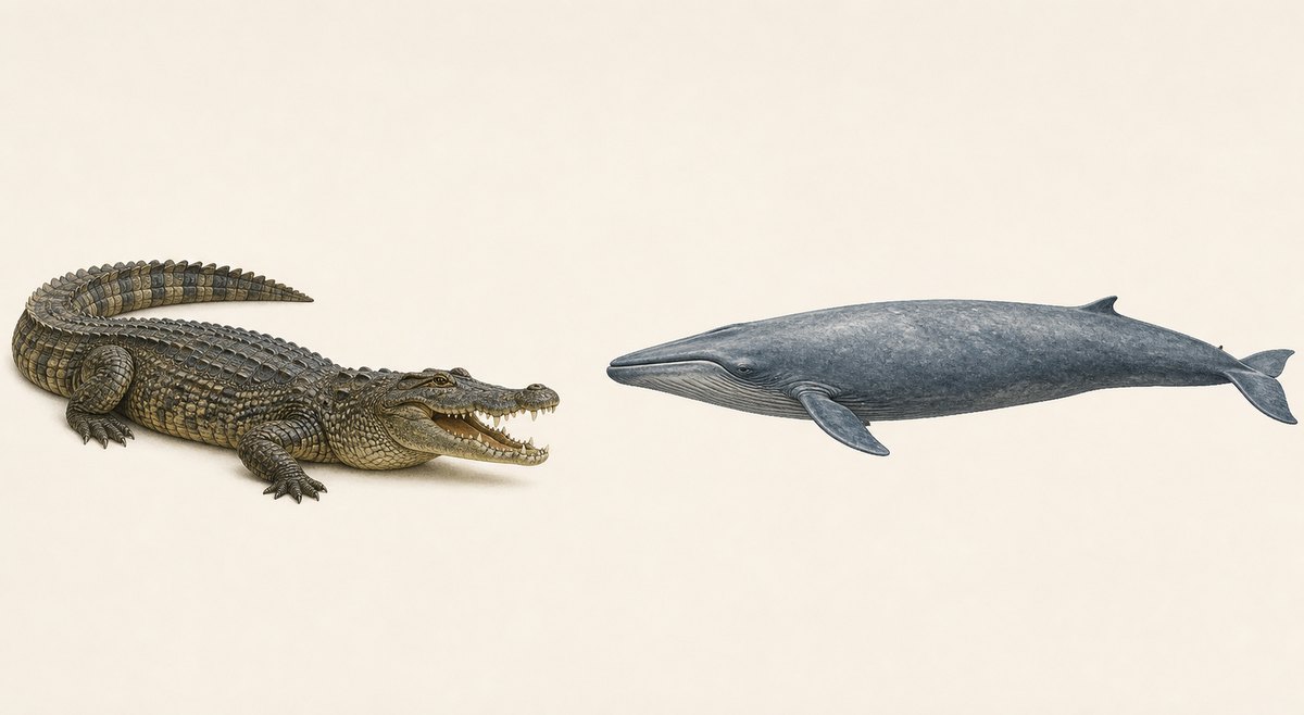 Natural-history comparison of a Nile crocodile and a large whale. The candidates remain separate, unscaled anatomical comparators; neither is asserted to be Leviathan.