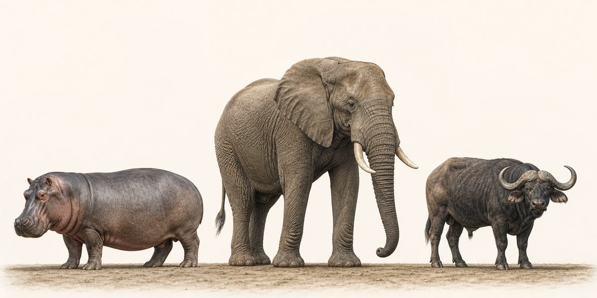Natural-history comparison of hippopotamus, African bush elephant, and water buffalo. These living profiles establish habitat and body-form baselines; the table adds prehistoric candidates without asserting an identification.