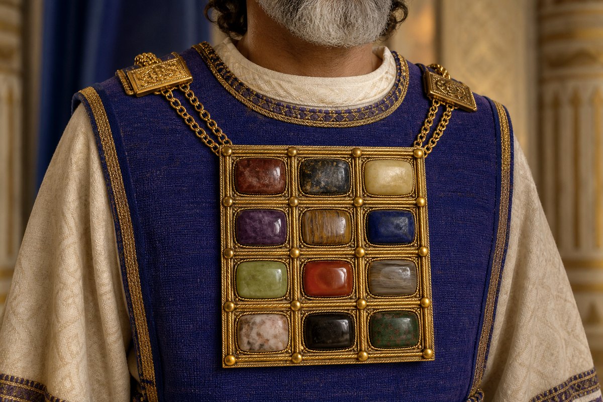 Illustrative reconstruction of the high priest's breastpiece with twelve engraved stones in four rows of three and gold settings. Several gemstone identifications remain uncertain.