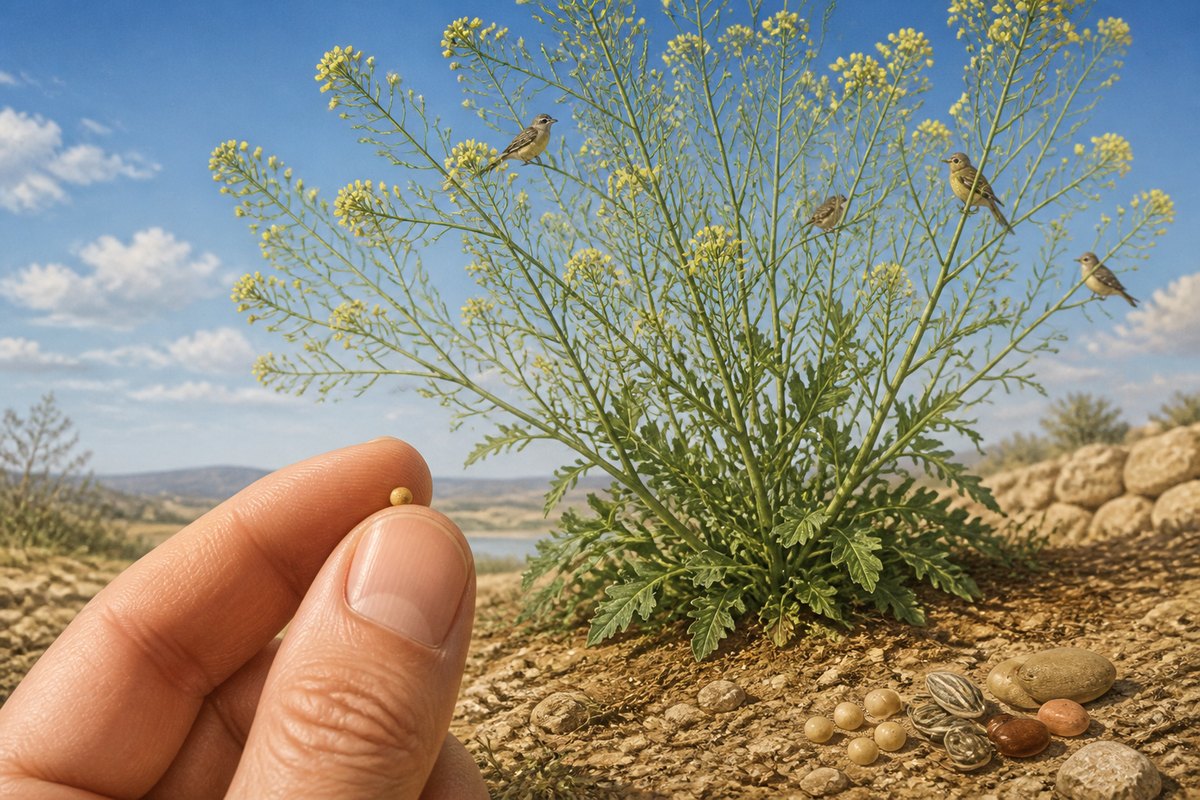Natural-history illustration of a tiny mustard-like seed, mature branching plant, and birds among its branches. The later chart compares seed sizes without claiming mustard is the smallest seed on Earth.