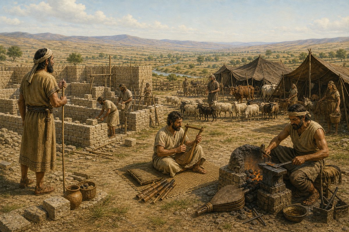 Illustrative reconstruction of the four activities grouped in Genesis 4: city building, tent-based livestock keeping, instrumental music, and metalworking. The shared setting is visual organization, not a claim that all four occurred together.