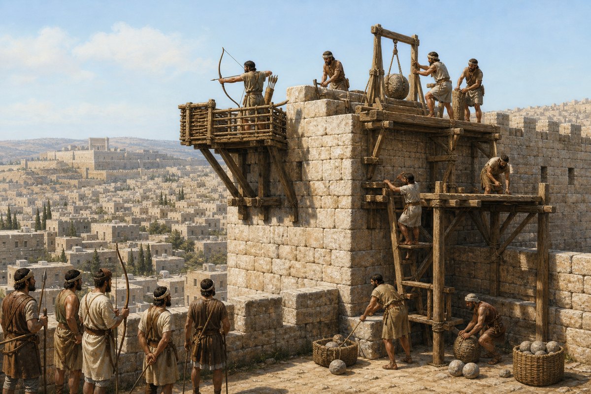 Illustrative reconstruction of engineers and soldiers fitting defensive equipment to a tower corner. The passage states the location and function; the particular timber frames and lifting arrangement remain uncertain.