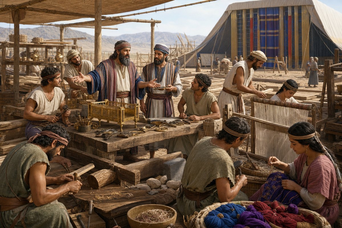 Illustrative reconstruction of master craftsmen teaching several material specialties beside the tabernacle works. The workshop arrangement is illustrative; the listed crafts and teaching role come from Exodus 35.