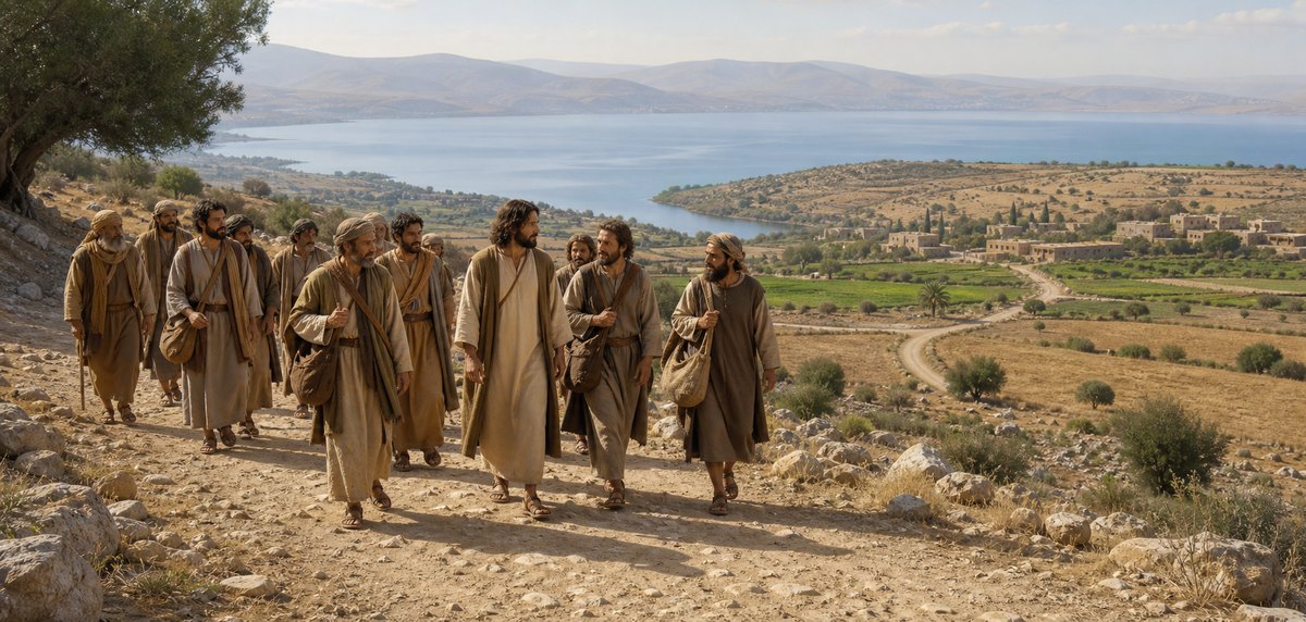 Illustrative reconstruction of Jesus and the Twelve traveling above the Sea of Galilee. Clothing, road surface, village form, and exact party composition are representative.