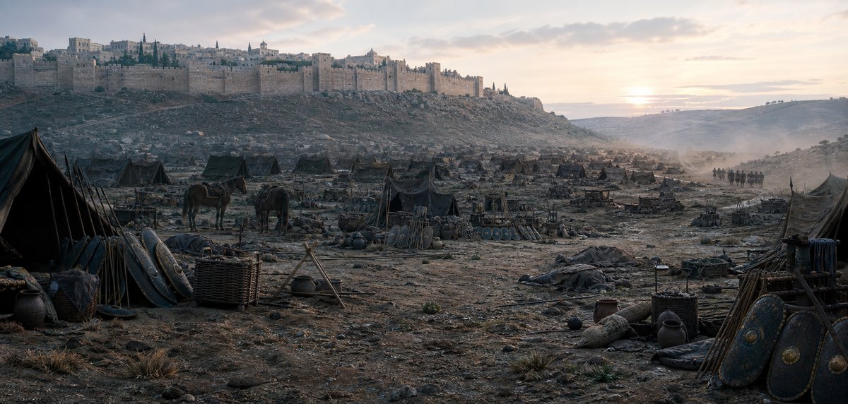 Illustrative reconstruction of the silent Assyrian camp at dawn with Jerusalem intact beyond it. Camp arrangement, equipment, survivors, and terrain are representative rather than recorded details.