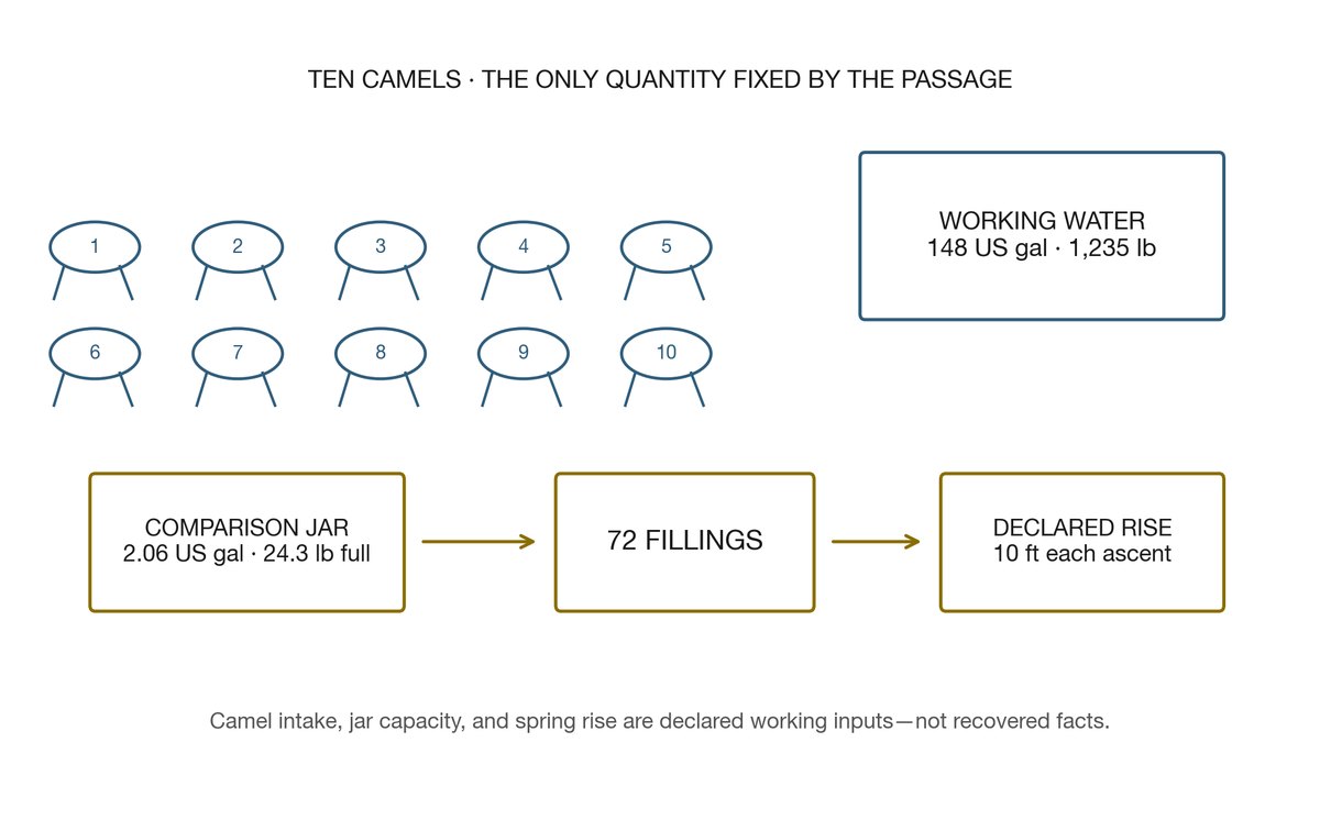 Working accounting model for 10 camels: a stated quantity of water moved in 72 fillings of a a stated quantity comparison jar. Source geometry remains unstated.